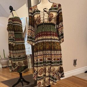 ONE WORLD Earthy Tones Long Sleeve Dress